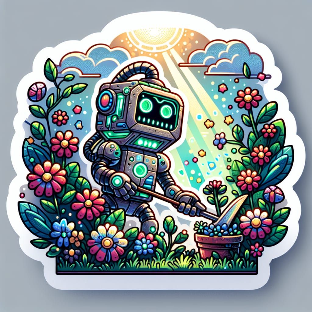 Robotic Gardener in Whimsical Sticker Style