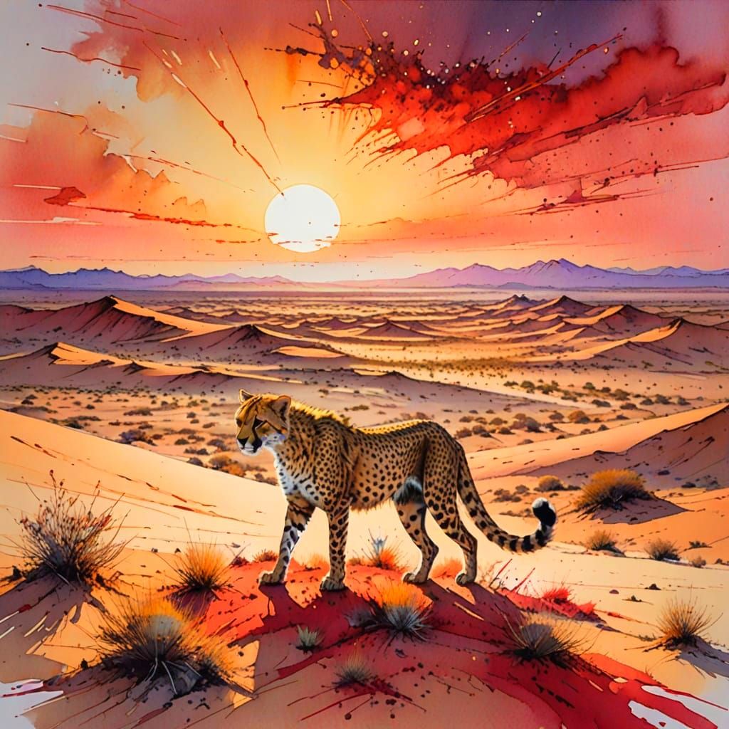 Dramatic Desert Twilight Landscape with Emerging Cheetah