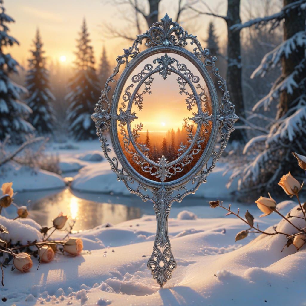 Gothic Mirror Reflecting Enchanted Winter Sunset