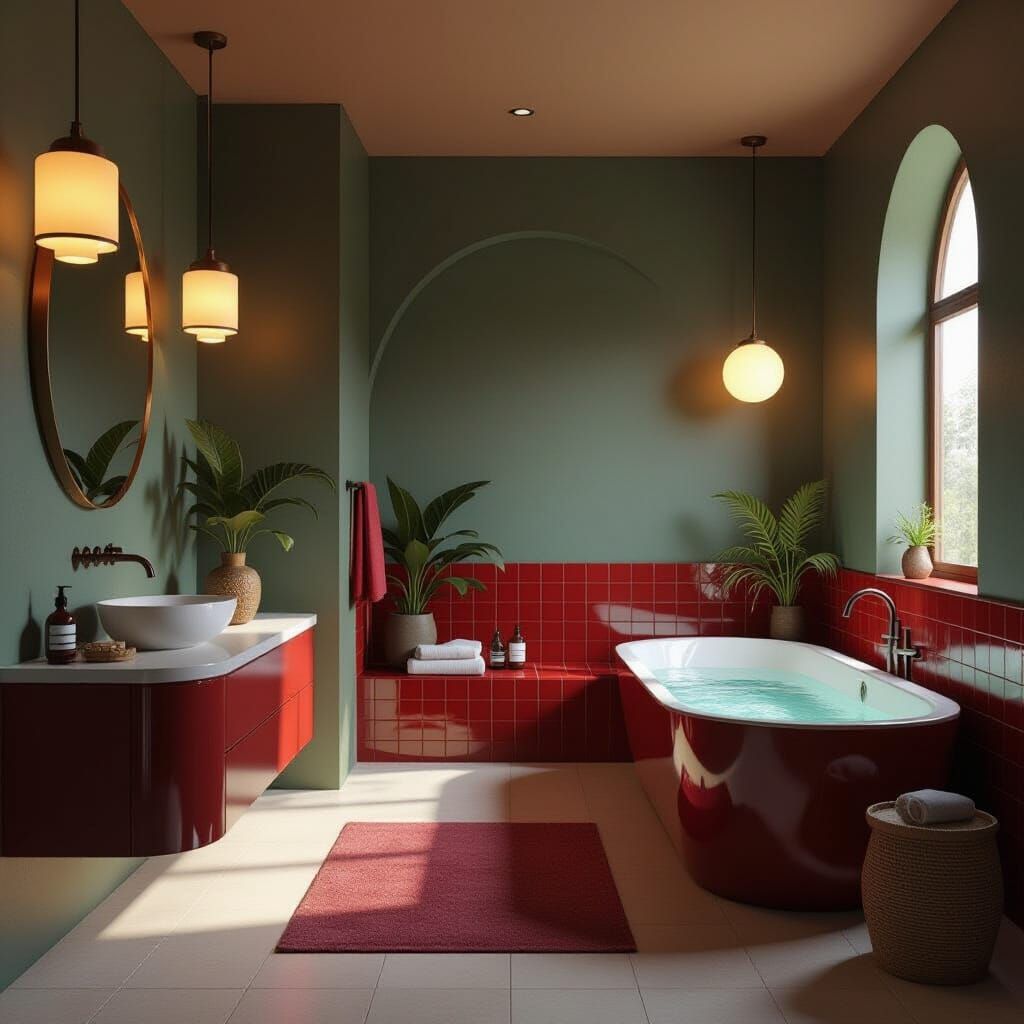 Neo-Deco Bathroom with Sculptural Elements and Dark Red Acce...