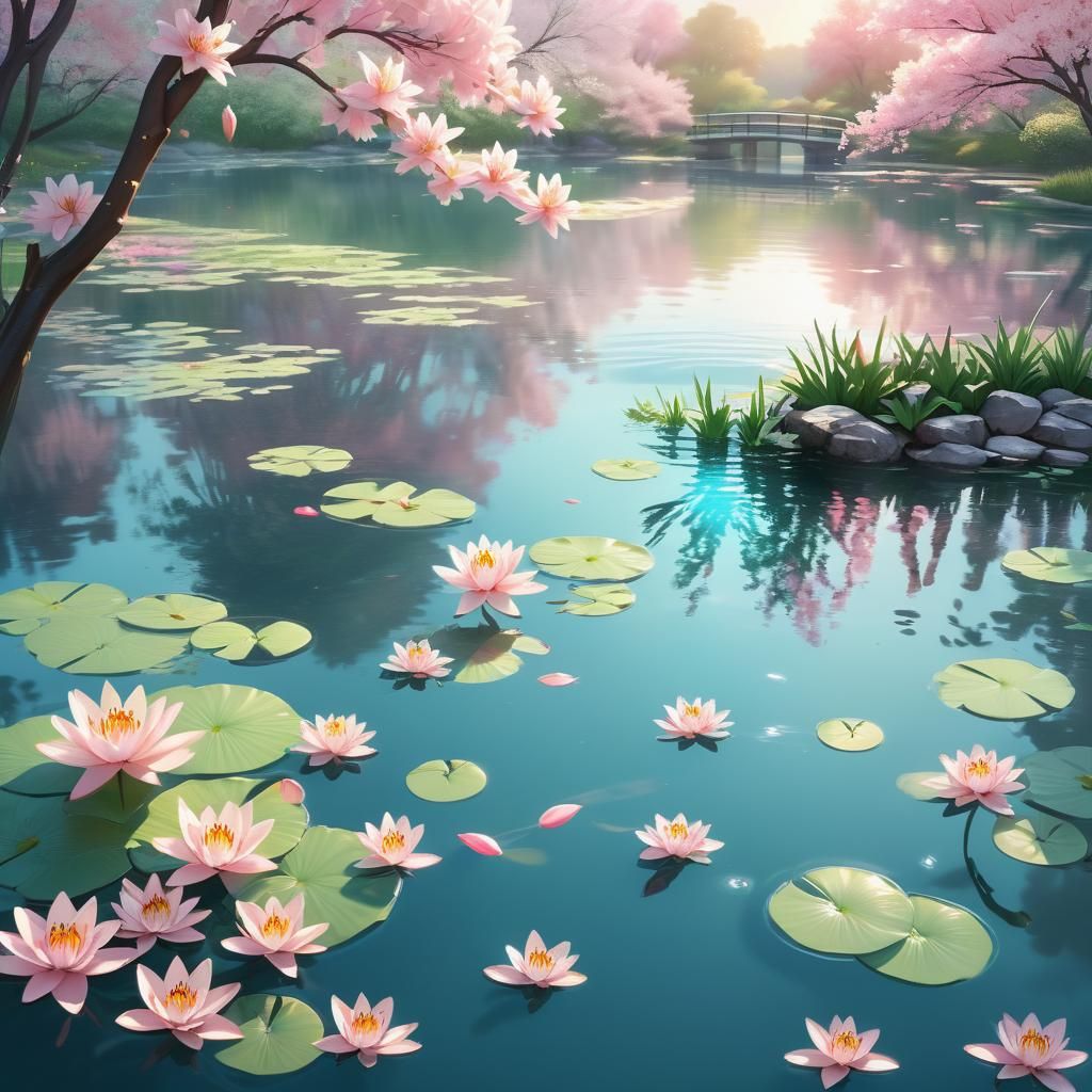 Tranquil Pond with Pink Lilies in Anime Style