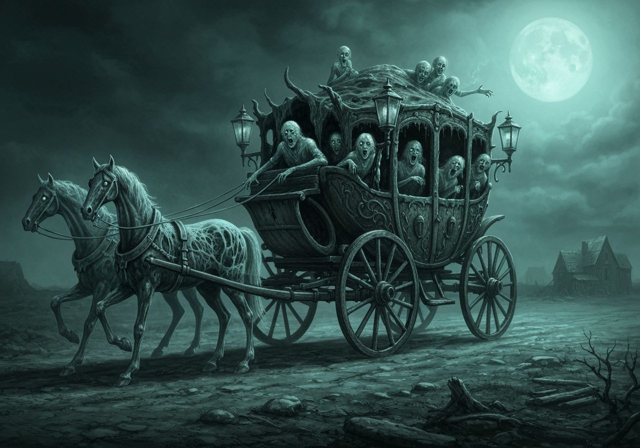 Spectral Ghost Carriage in Moonlit Landscape: Doré Style