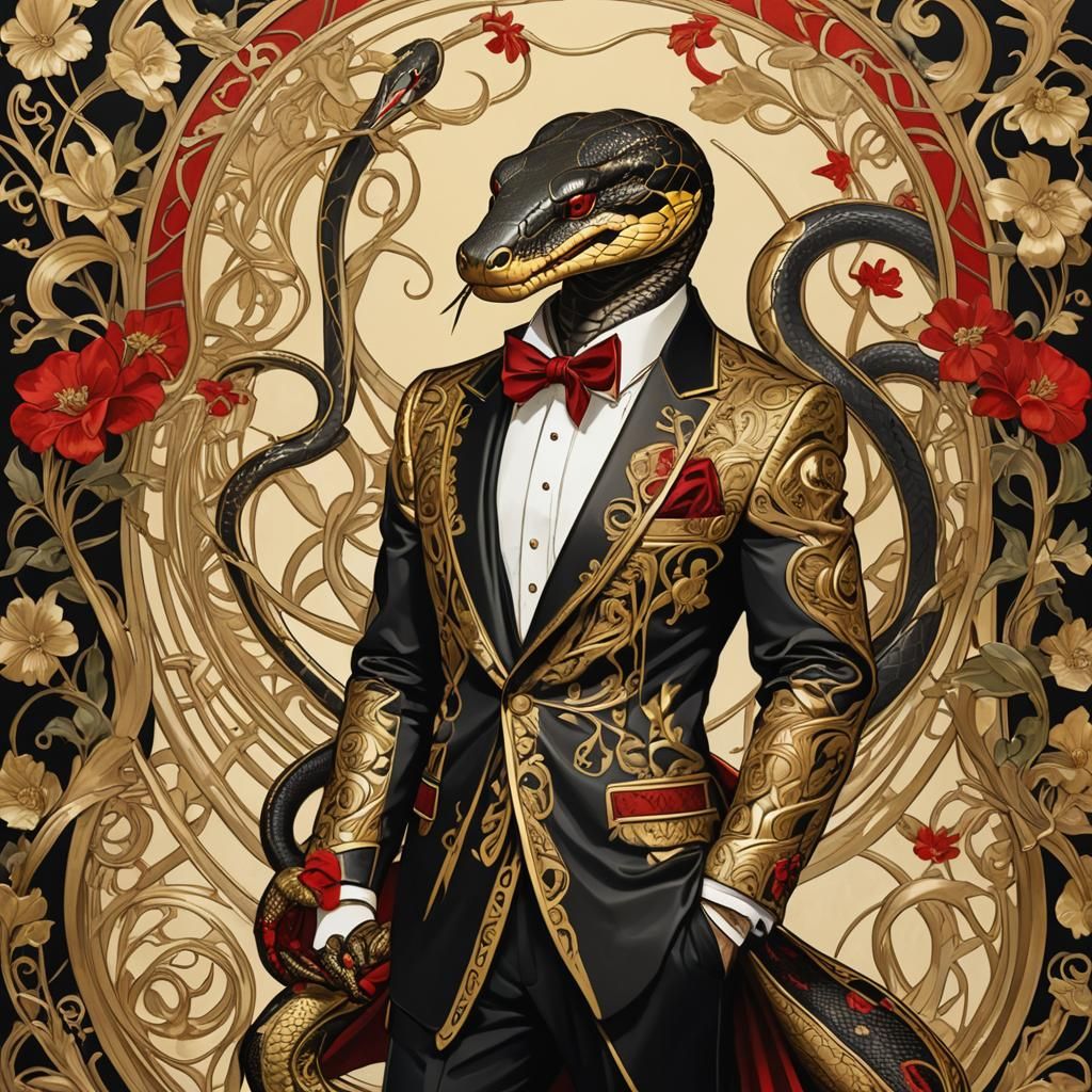 Snake in Gold Tuxedo, Art Nouveau Style