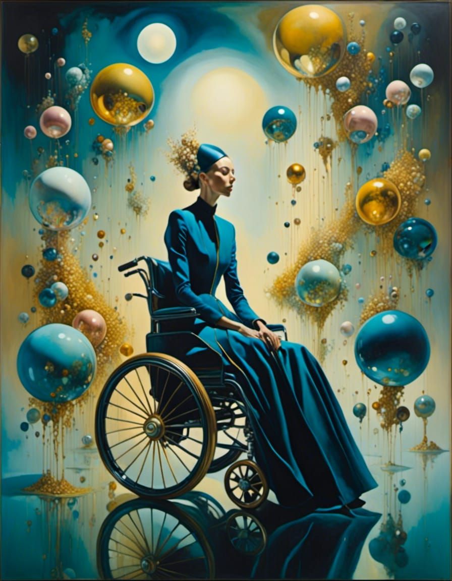 Surreal Woman in Wheelchair with Glowing Orbs