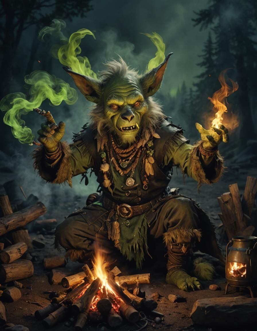 Goblin Shaman Portrait at Night Campfire