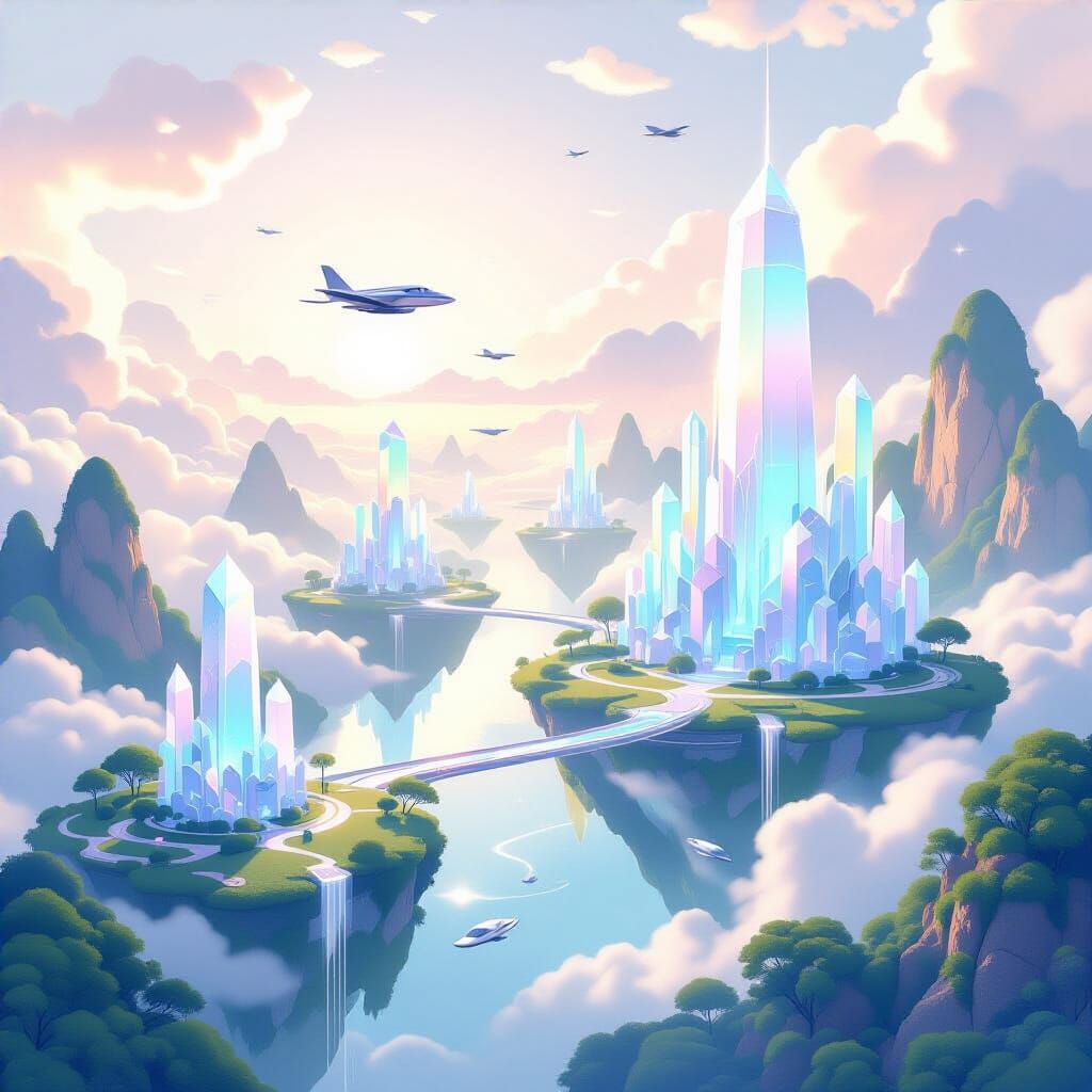 Futuristic Utopia with Crystalline Structures and Flying Veh...