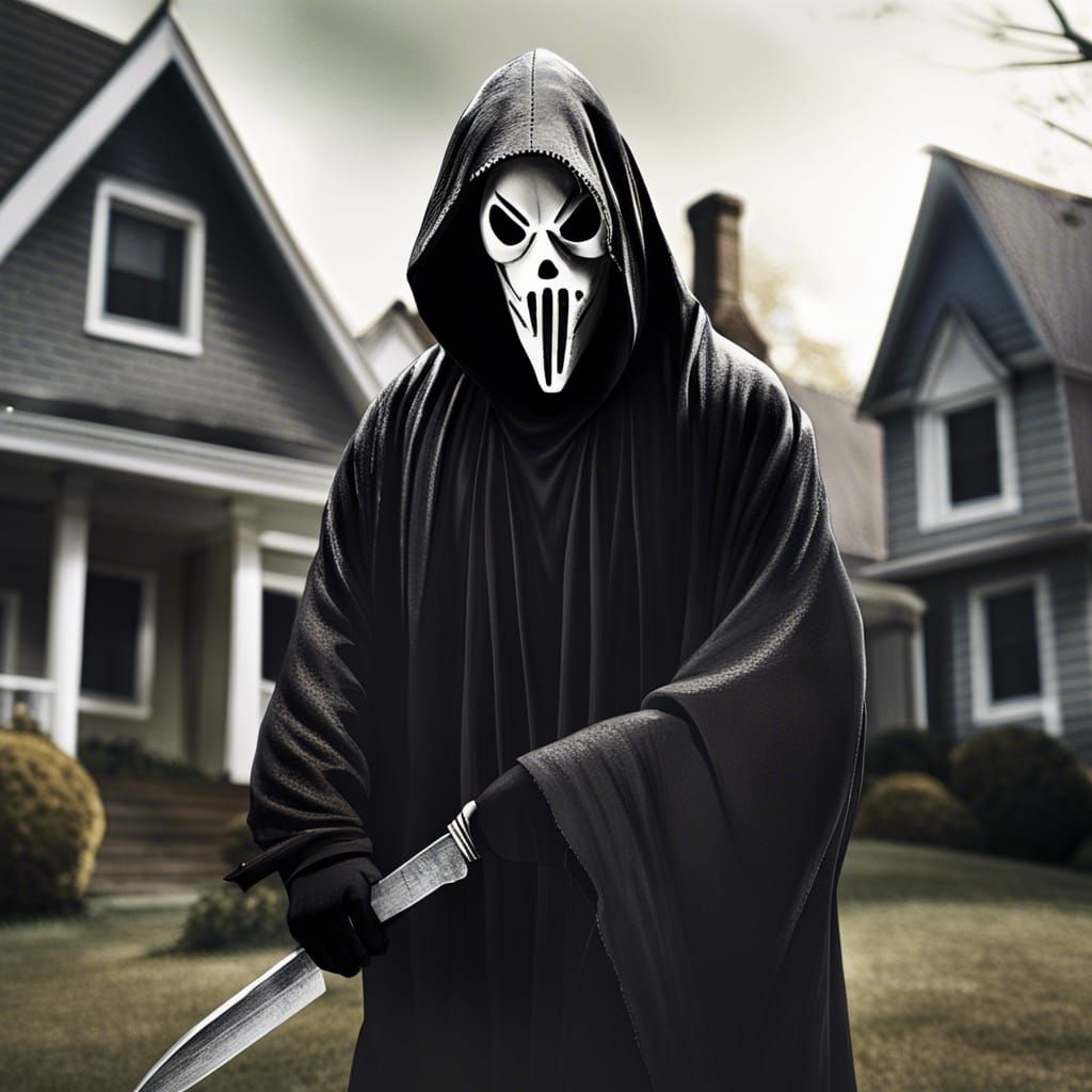 Ghostface with Knife in Suburban Setting