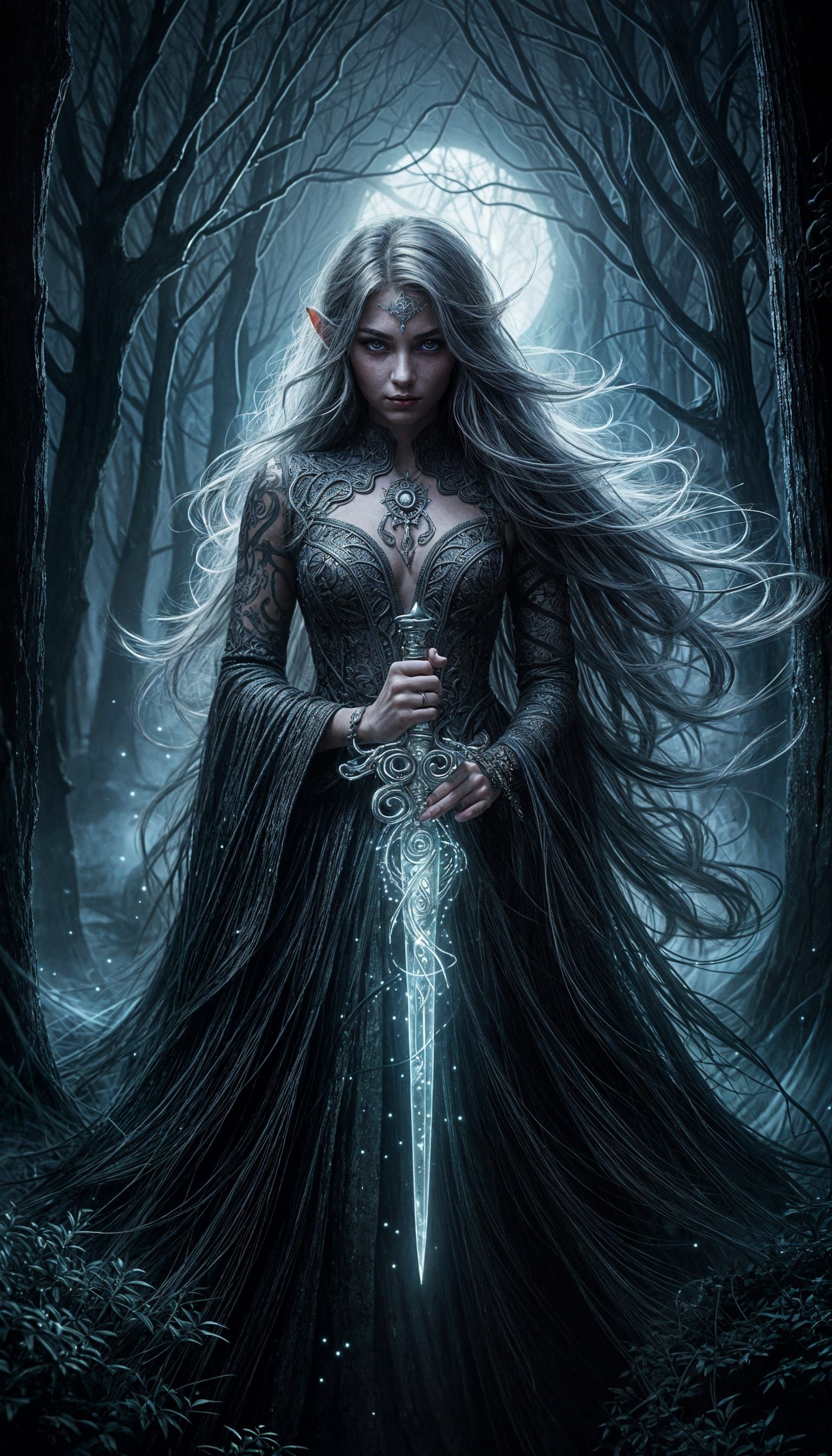 Mysterious Elf Girl in Shadowy Forest