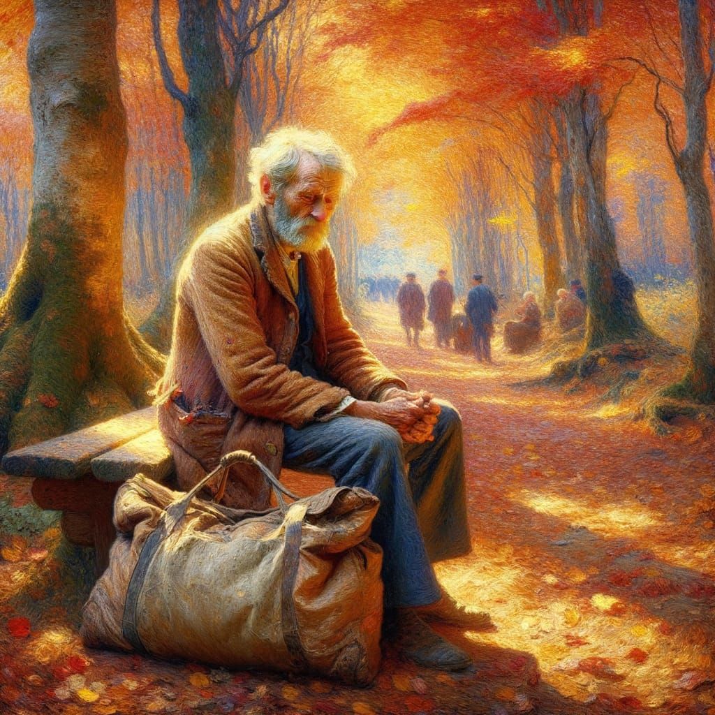 A contemplative old man with a kind face and a worn, patched...