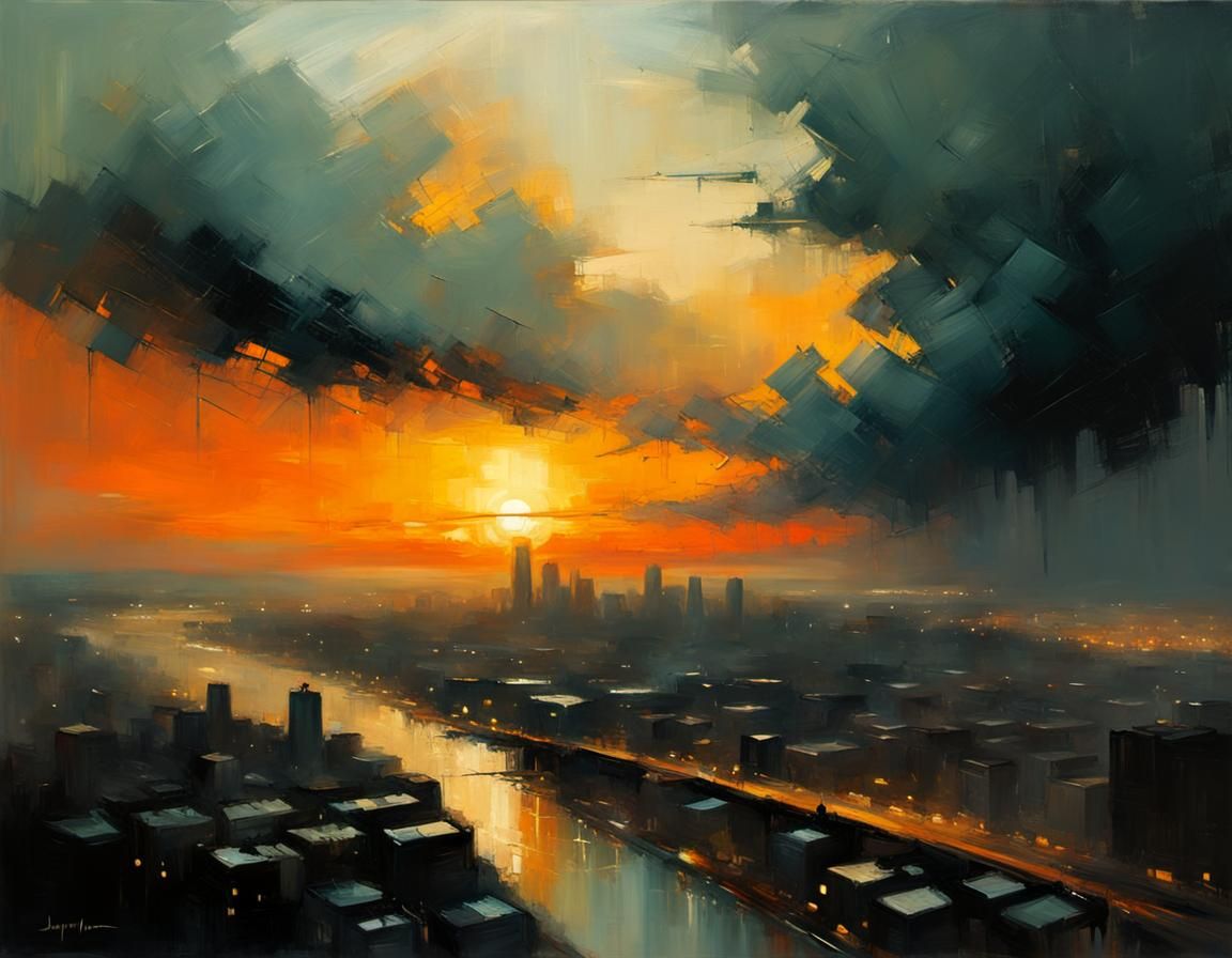 City Sunset in Jeremy Mann Oil Painting Style