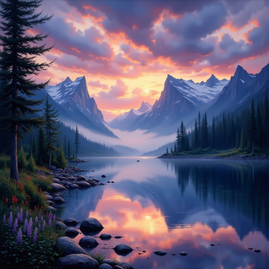 Serene Bay at Dusk: Art Nouveau Anime Landscape