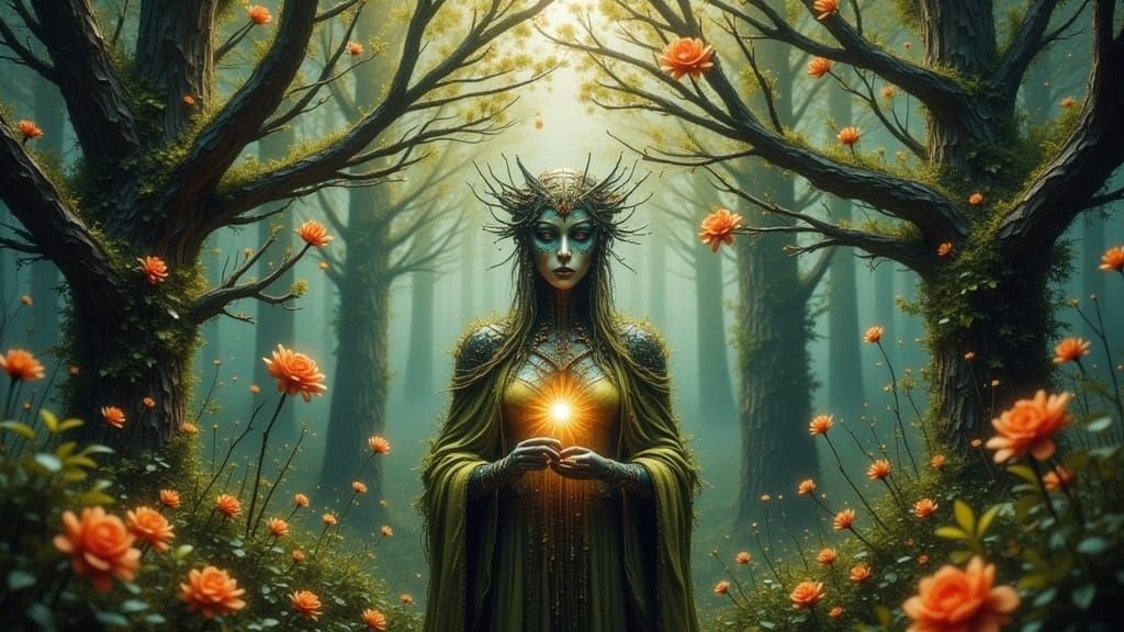 Cyborgs in Serene Forest Tapestry