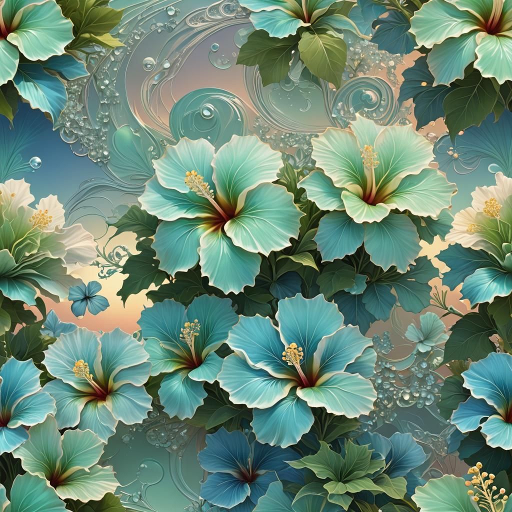 Holographic Fractal Beach with Iridescent Hibiscus