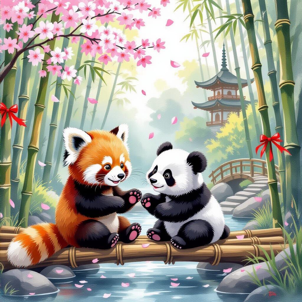 Cute Panda Cubs Play in Bamboo Forest, Watercolor Style