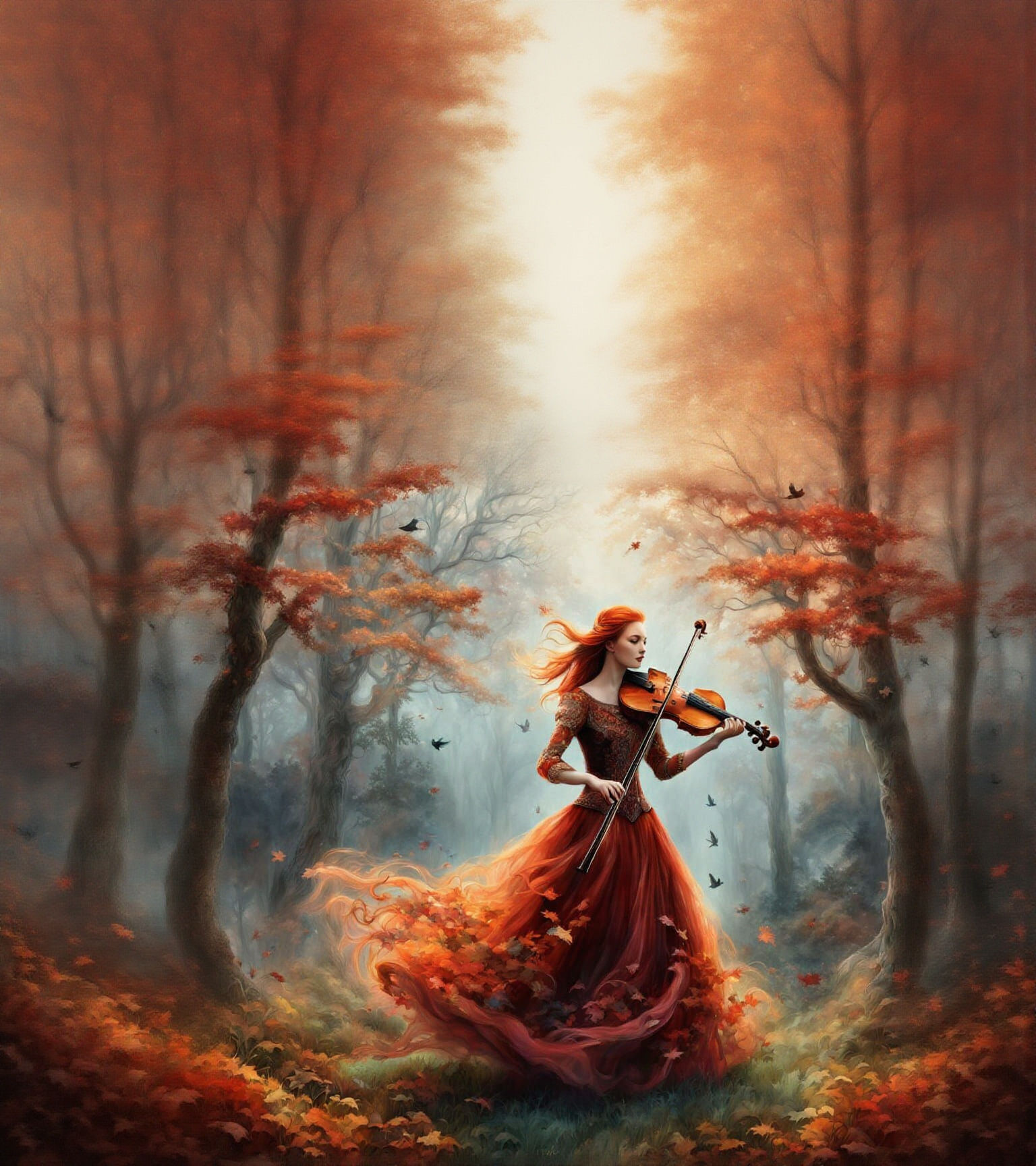 Autumn Queen Plays Double Bass in Misty Forest Diorama