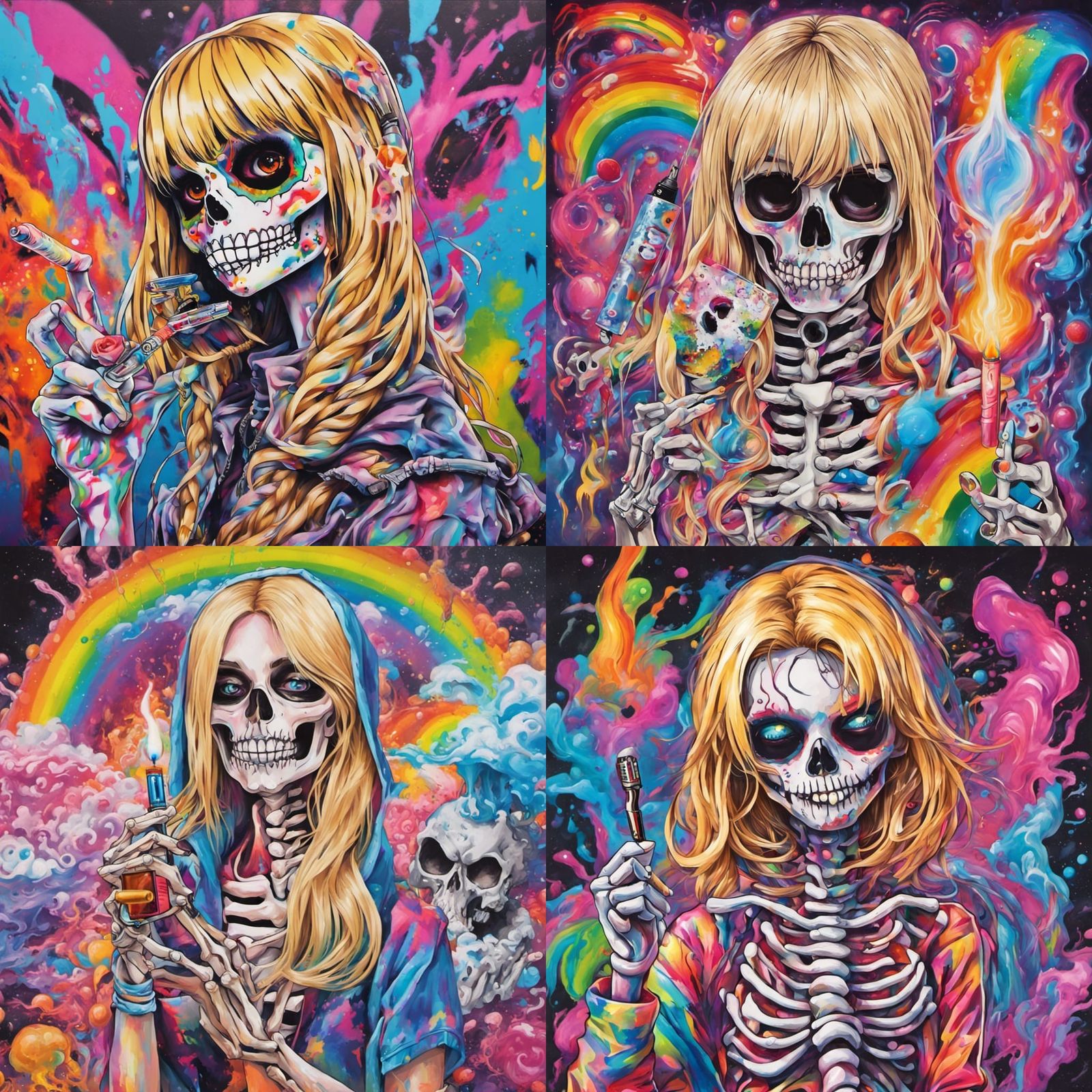 Anime Skeleton Girl Smoking Rainbows in Graffiti Art