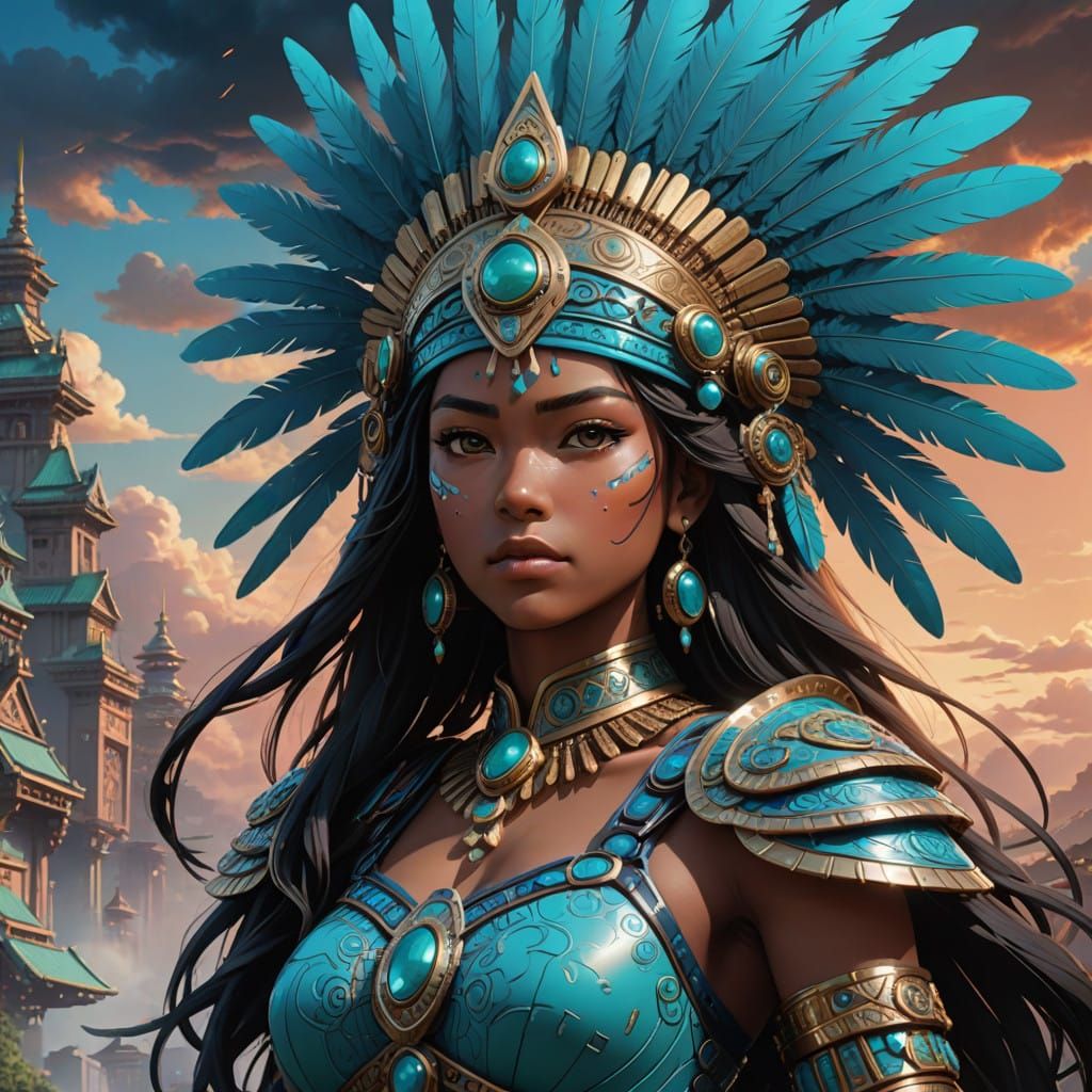 Majestic Aztec Princess in Anime-Inspired Headdress and Armo...