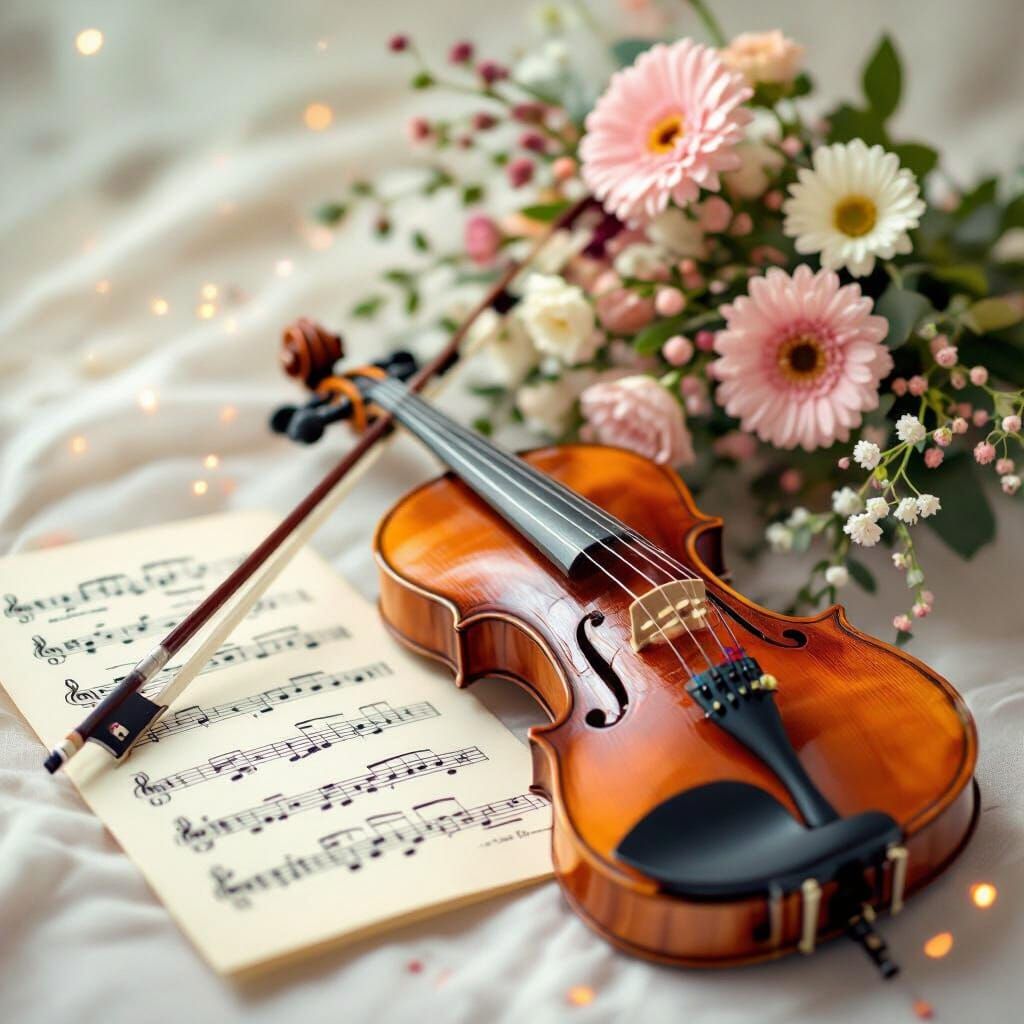 Violin, Music Score, and Flowers with Glittering Trails