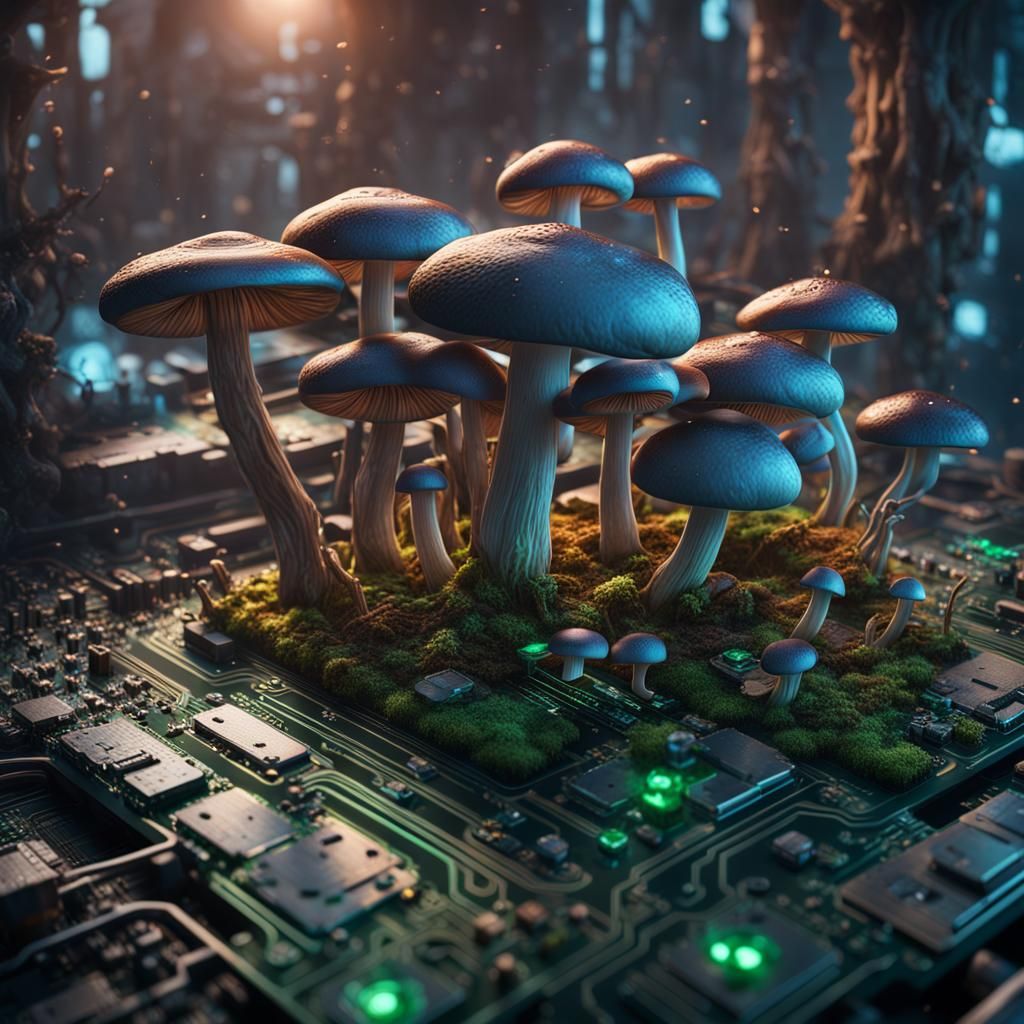 Mushrooms Connect on Motherboard: Detailed Matte Painting