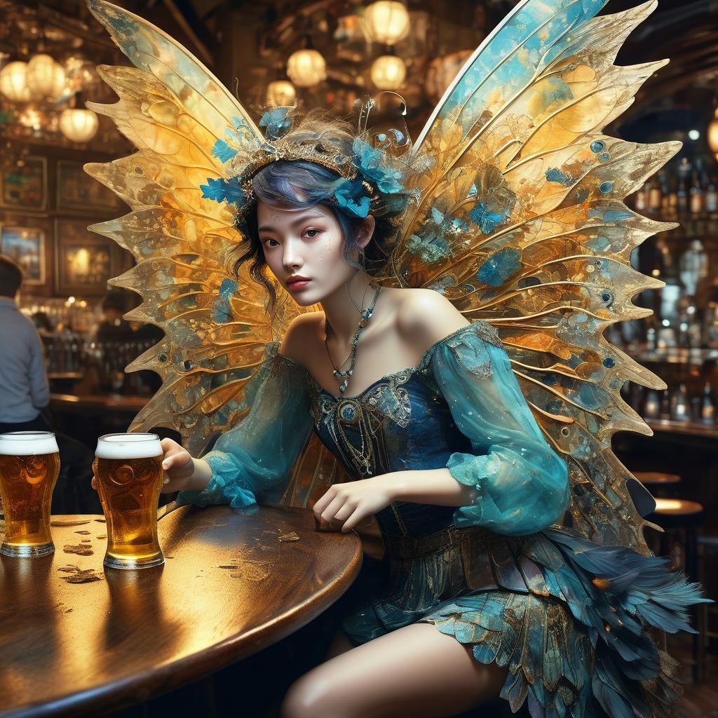 Surreal Fairy in Pub: Watercolor Fractal Art