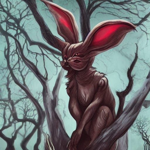 Grotesque Rabbit in Dark Fantasy Landscape