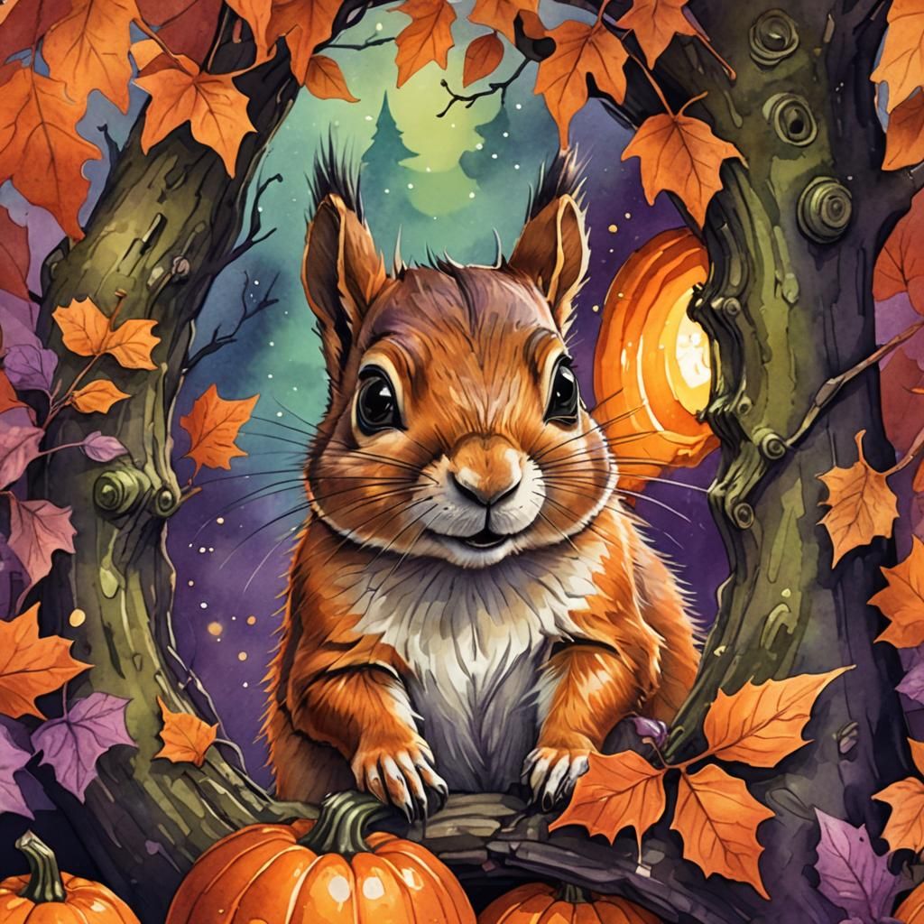 Spooky Autumn Squirrel in Jack-o-Lantern: Watercolor Illustr...