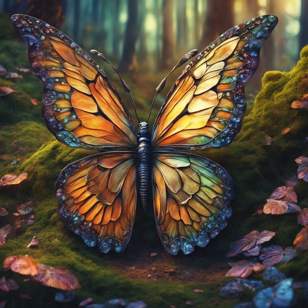 Majestic Butterfly in Enchanted Forest: Oil Painting