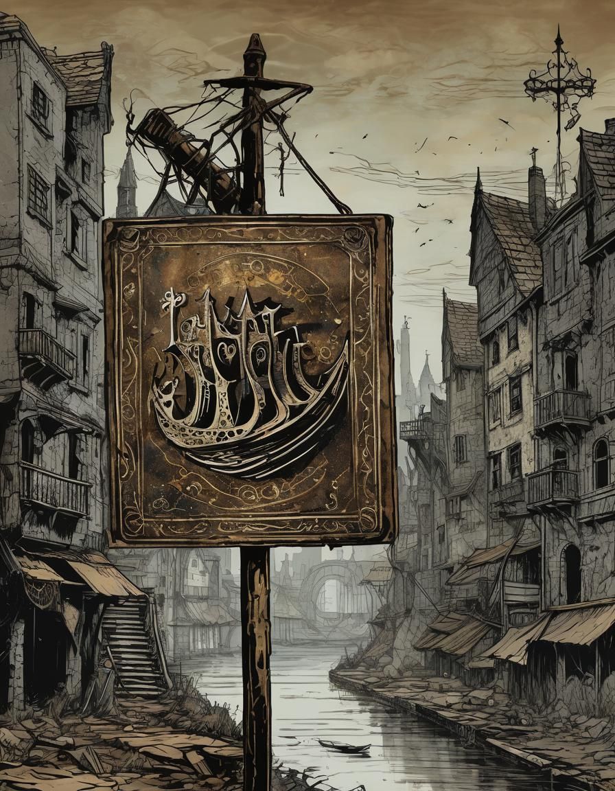 Rusted Sign to The Port: Dark Fantasy Illustration