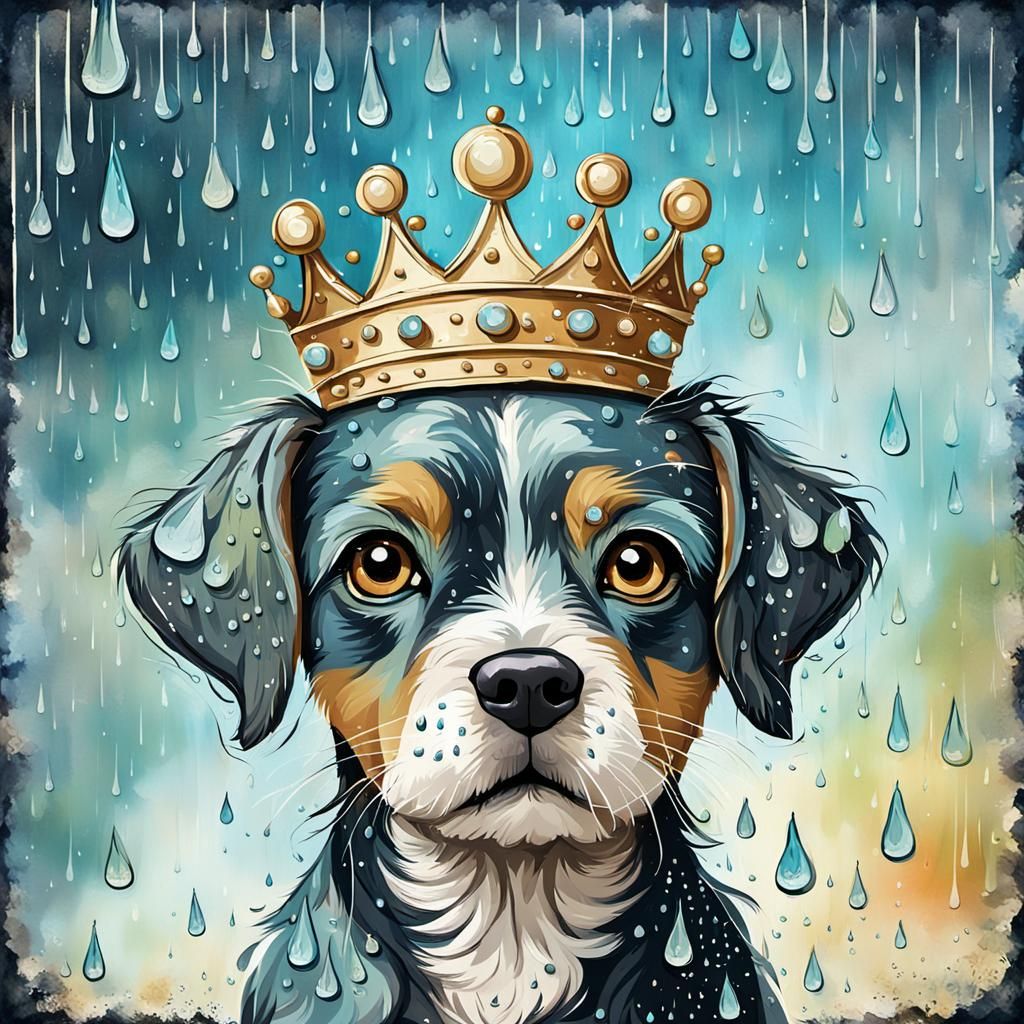 Dog with Crown in Rainy Window, Scrapbook Style