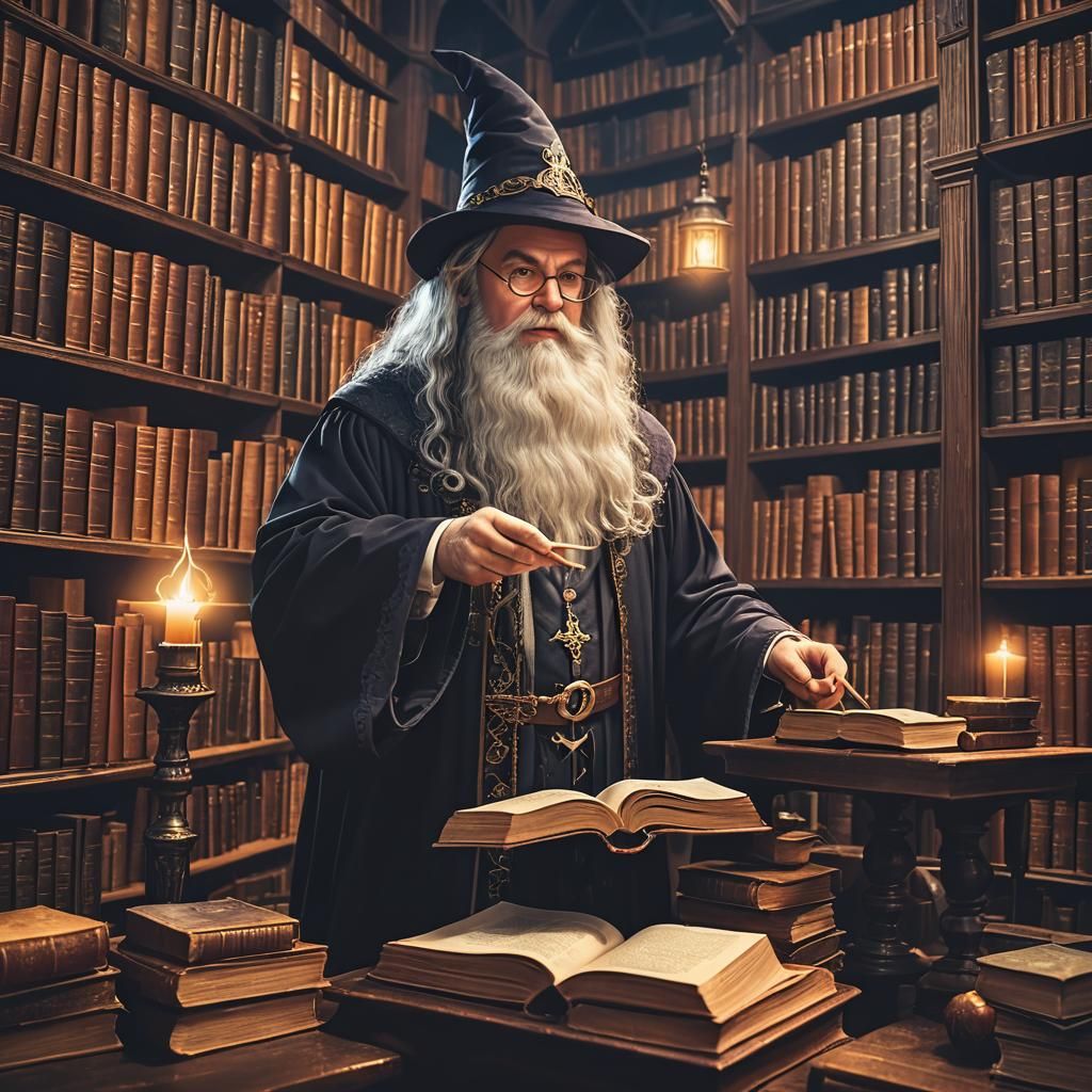 Wizard Professor Teaching Spells in Magical Library