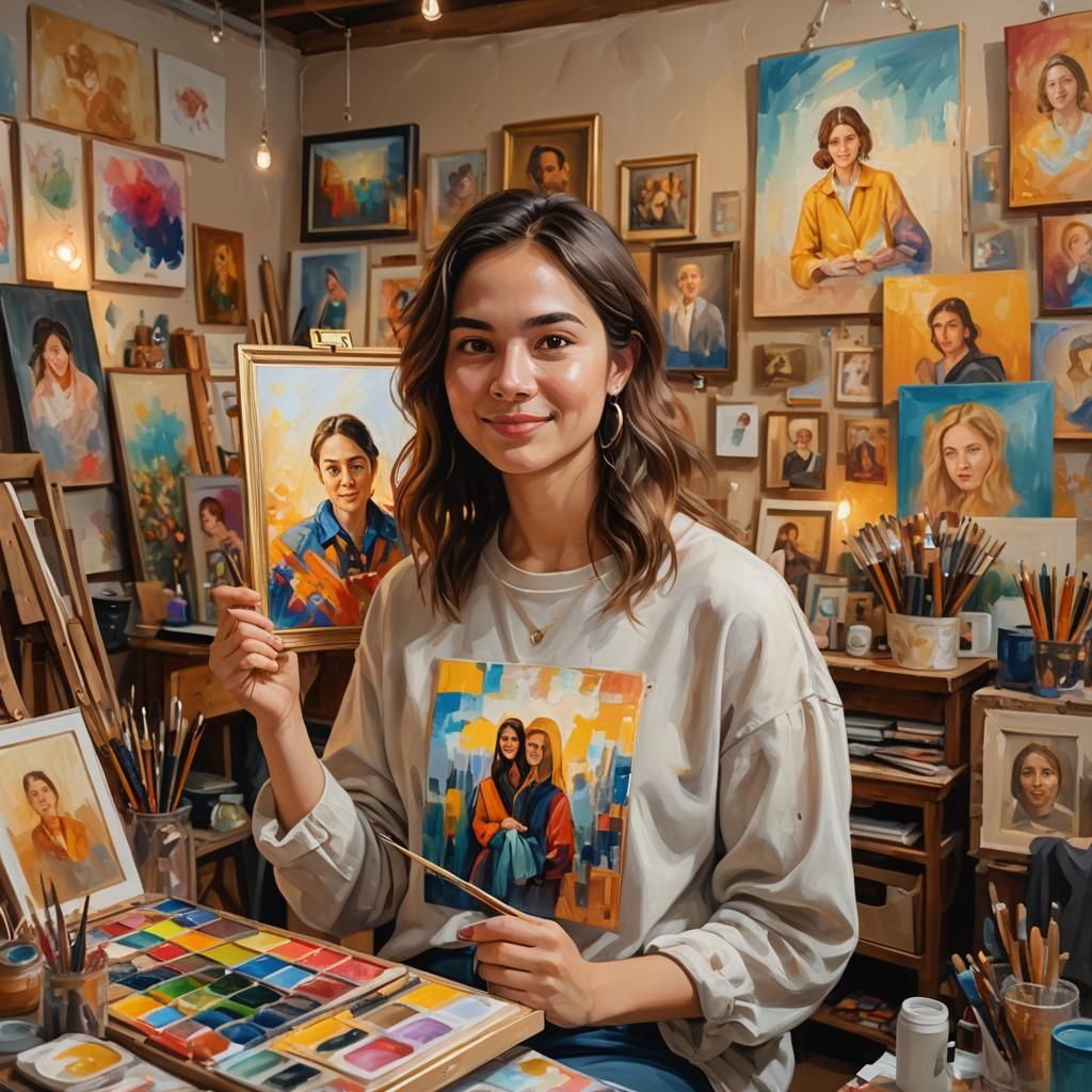 Woman in Studio Holding Personalized Painting