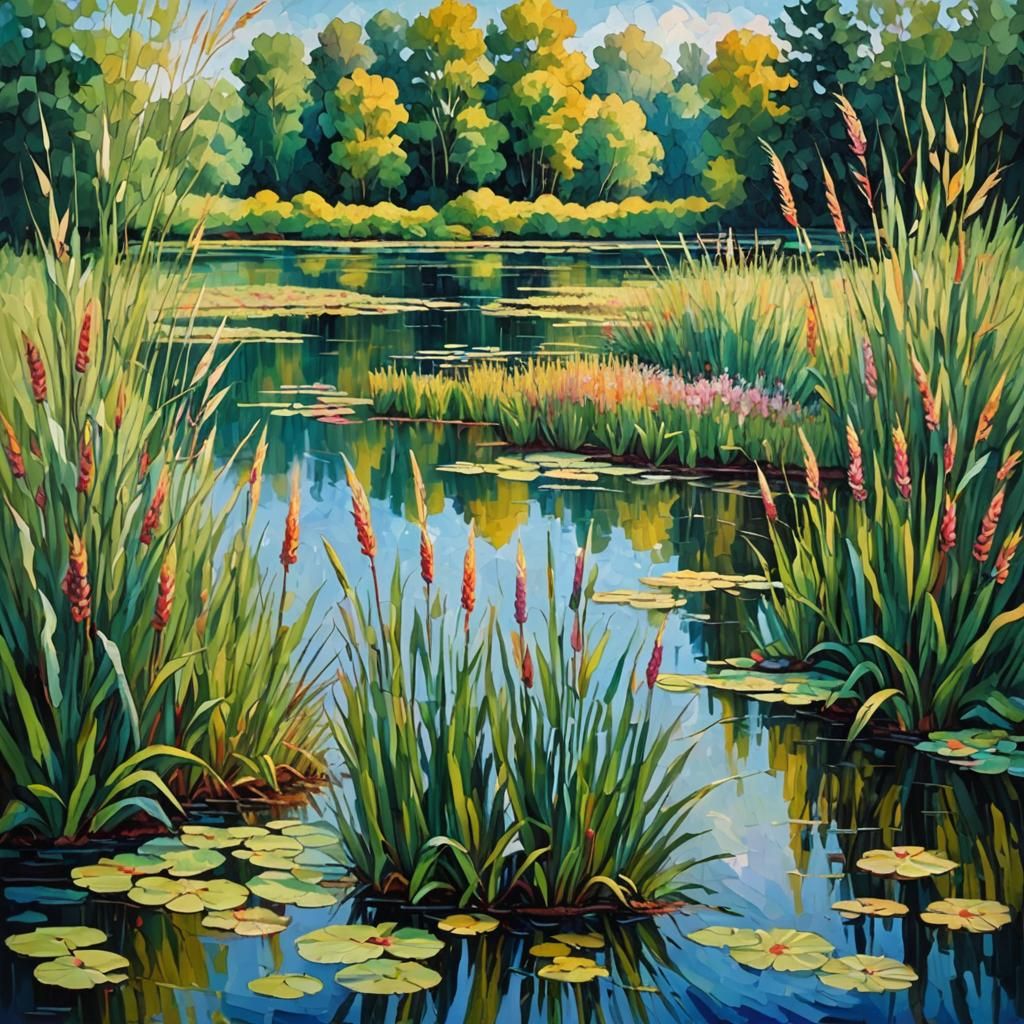 Pond with Bullrushes: Expressionist Oil Painting