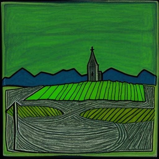 Primitive Shamrock Landscape with Ancient Church