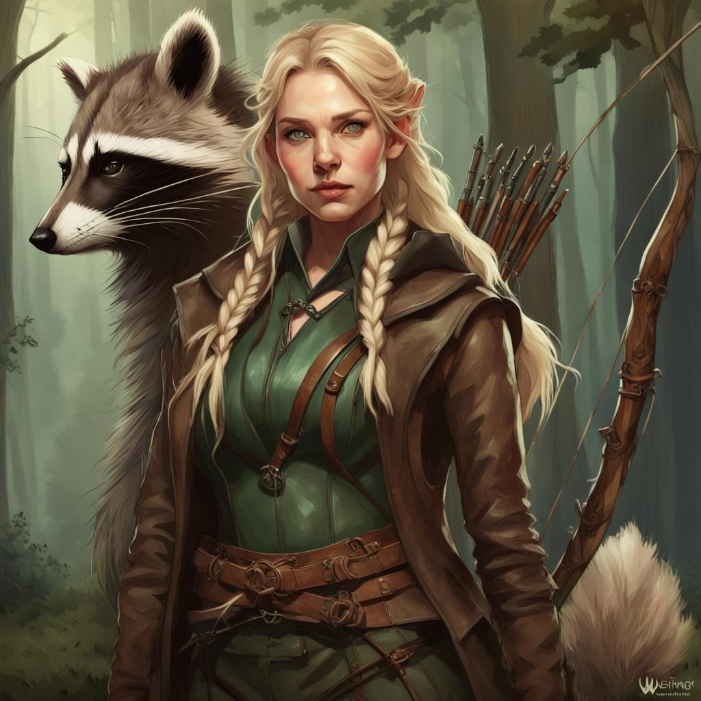 Wood Elf Portrait with Raccoon, Detailed Digital Art