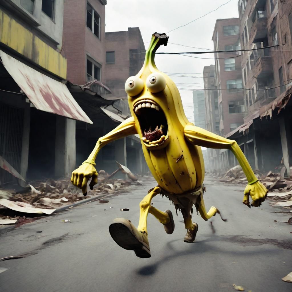 Creepy Banana Zombie in Apocalyptic City