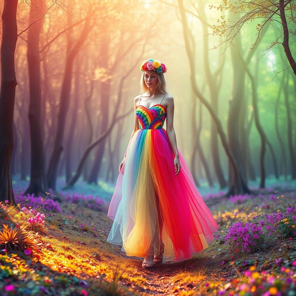 Rainbow Woman in Lush Dreamy Forest