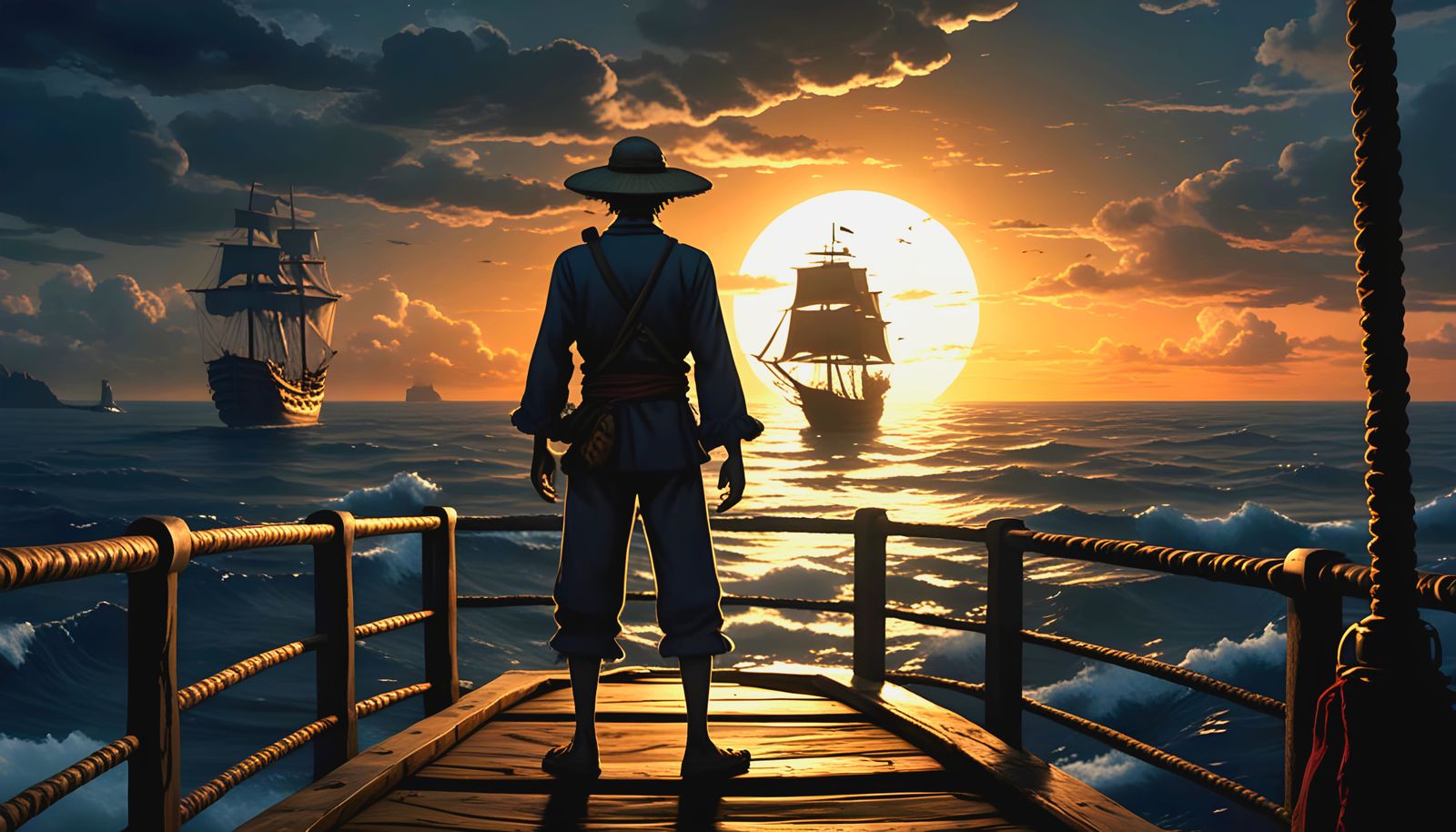 Luffy from One Piece on a Cinematic Ship at Night