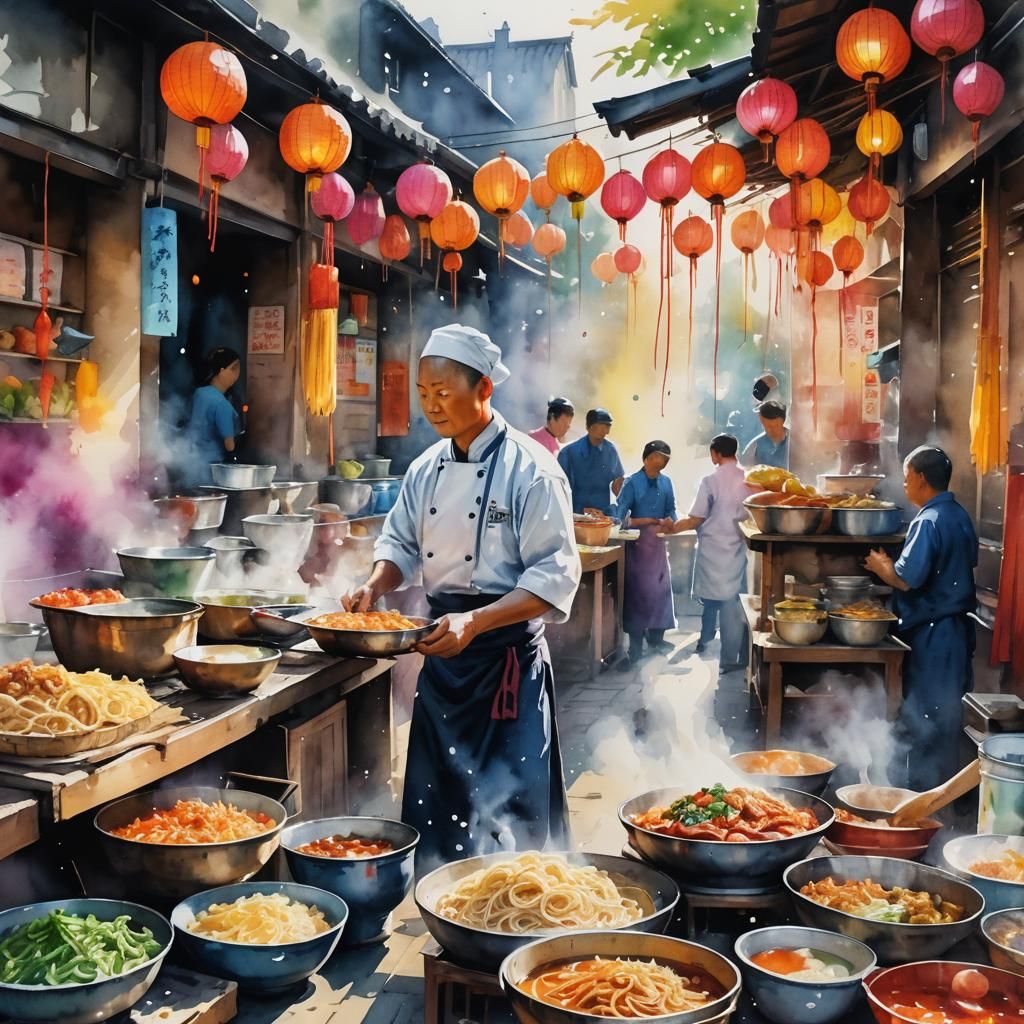 Vibrant Street Food Stall as Watercolor Painting
