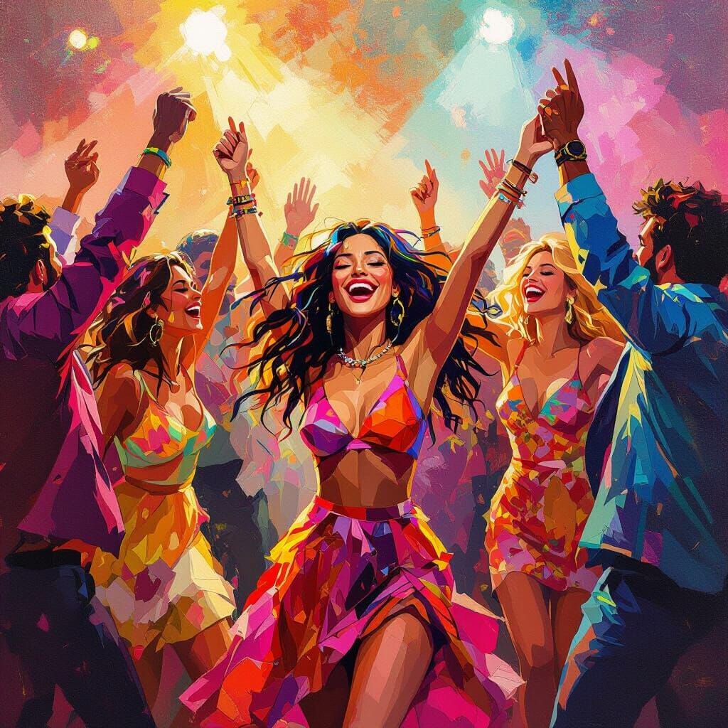 Colorful Crowd Dancing in Pop Surrealist Style