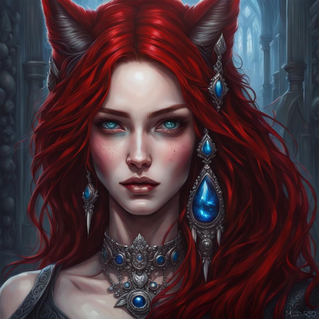 High Gothic Cat-Girl Portrait in Gouache Style
