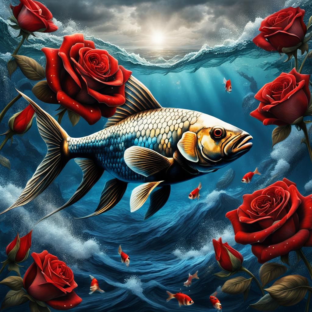 Goldfish with Rose Tattoo in Deep Blue Sea