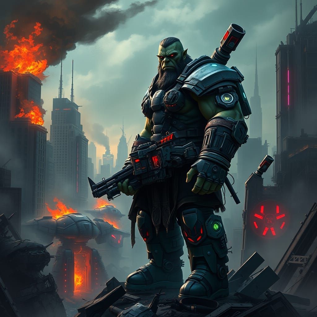 Gritty Cyberpunk Orc Warrior Amidst Ruined Cityscape