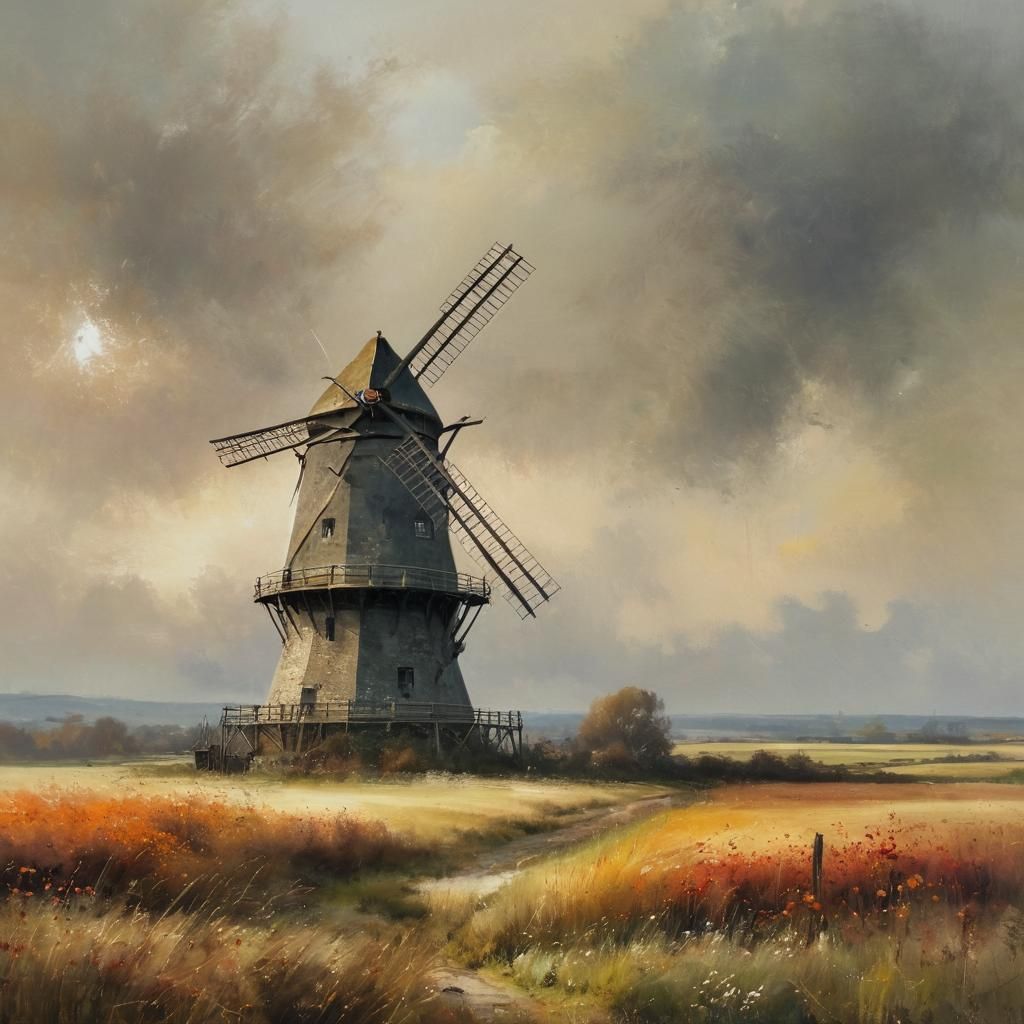 Autumn Windmill Painting in Impressionist Style