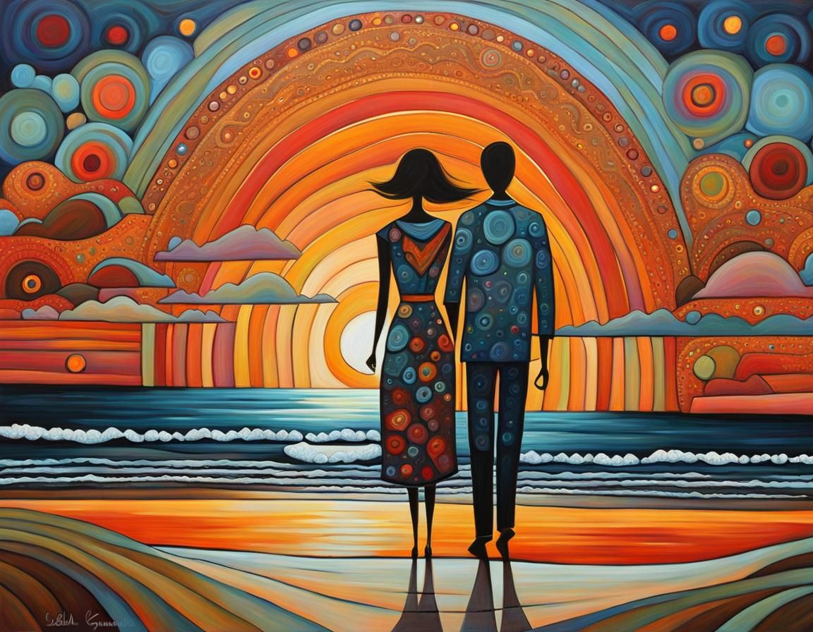 Lovers Watching Sunset in Folk Art Style