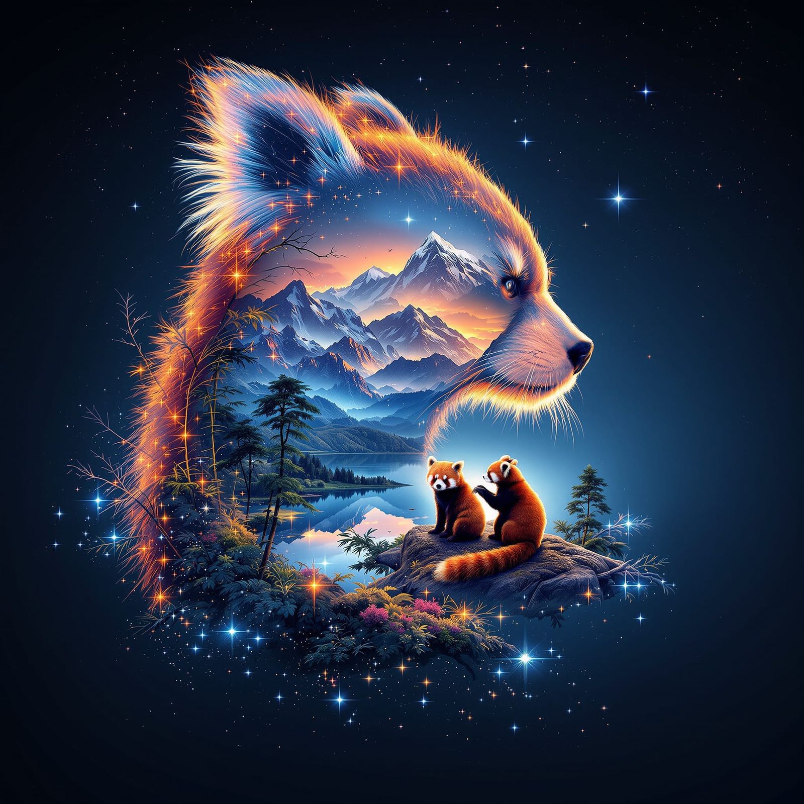 Surreal Red Panda Silhouette with Himalayan Landscape