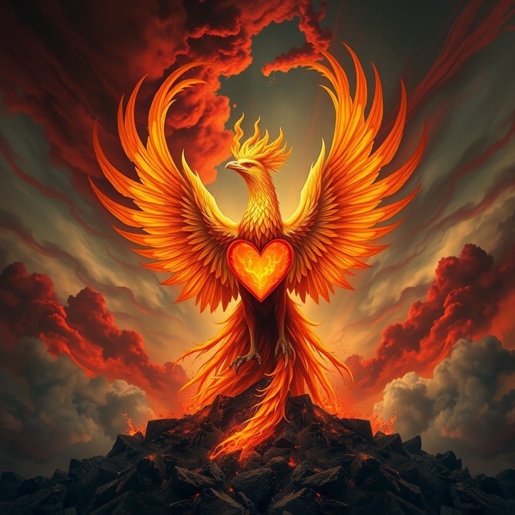 Majestic Phoenix Rises from Ashes in Vibrant Heart-Shaped Fo...