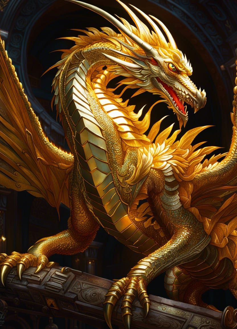 Golden Feathered Dragon in Digital Painting Style