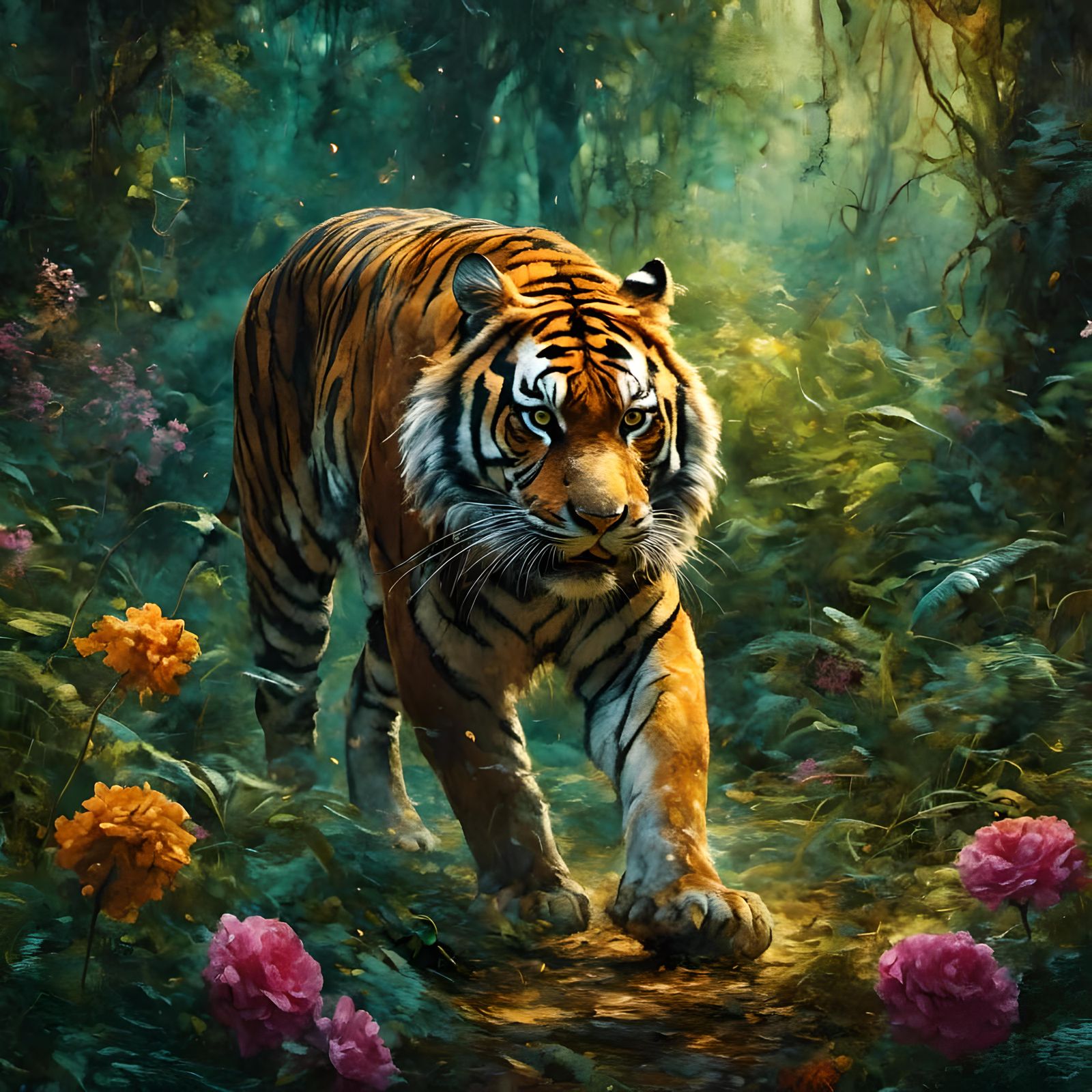 Regal Tiger in Floral Forest