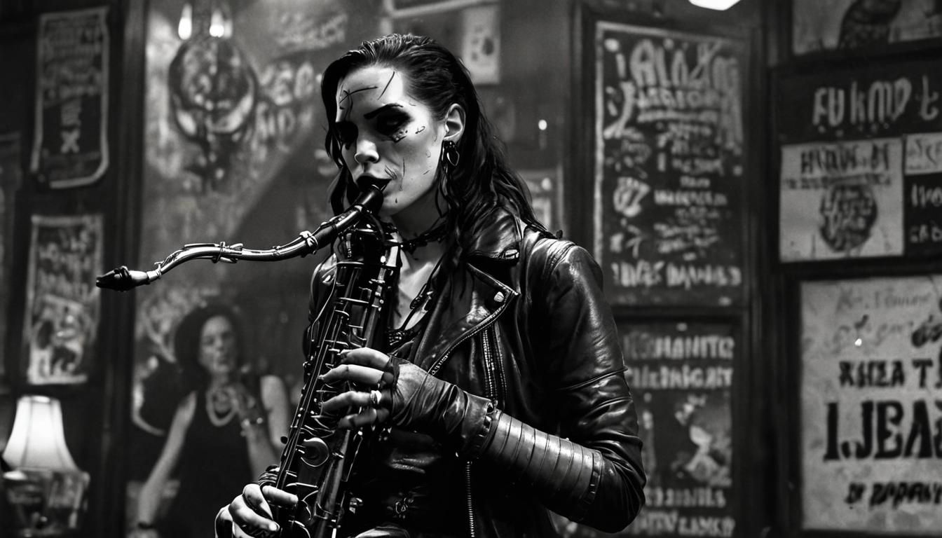 A punk rocker female Hellboy playing the saxophone in a jazz...