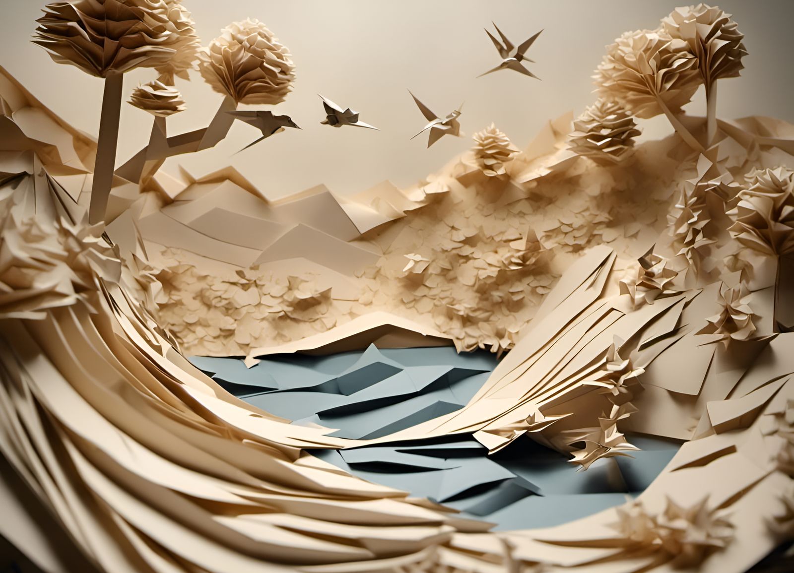 Origami Beach Scene: Paper Sculptures in Digital Rendering